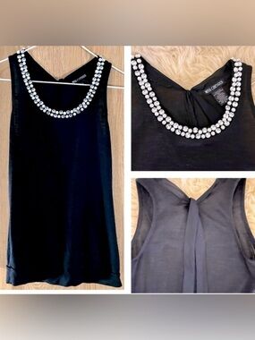Miss Chievous Black Rhinestone/Pearl Long Back Ties Sleeveless Blouse